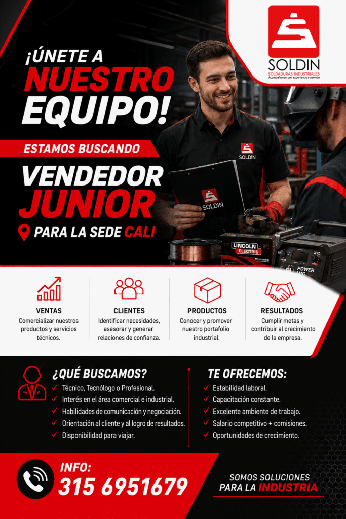 ¡Estamos buscando talento para nuestra sede en Cali! 🔧📈 En Soldaduras Industriales S.A.S. tenemos disponible la vacante de Vendedor Junior, orientada a personas con formación técnica y gusto por el área comercial.